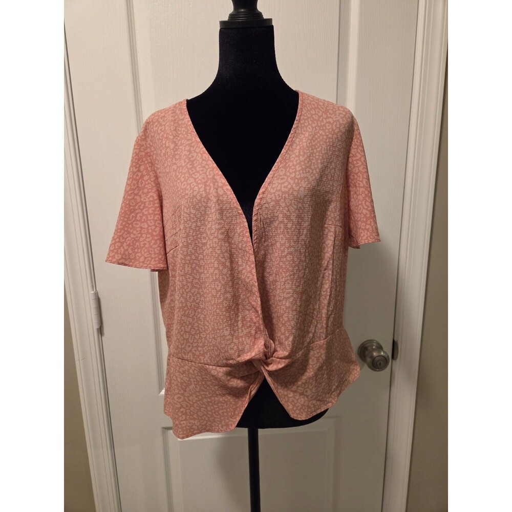 Candie's Womens Pink Animal Print Chiffon Twist Front V-Neck Blouse XL
